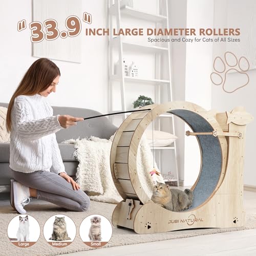35.9" Cat Exercise Wheel for Indoor Cats, Compact Low-Noise | 4-in-1 activity center with removable carpet, safety lock, anti-pinch design, sisal scratcher, teaser toy and storage shelf