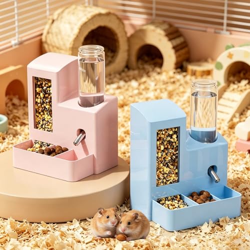 Hamster Water Bottle Feeder, No Drip 2-in-1 Dispenser | 5.51 x 4.33 x 6.49 Inch compact design with hamster water dispenser, hamster food bowl and cage accessories for small pets. - color: Pink