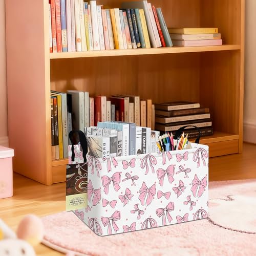 Rectangle Foldable Storage Basket Handles For Home, Pink Bow | Waterproof canvas material, reinforced handles, perfect for shelf use, organizes clothes, daily items and pet supplies - color: REC-Pink Bow