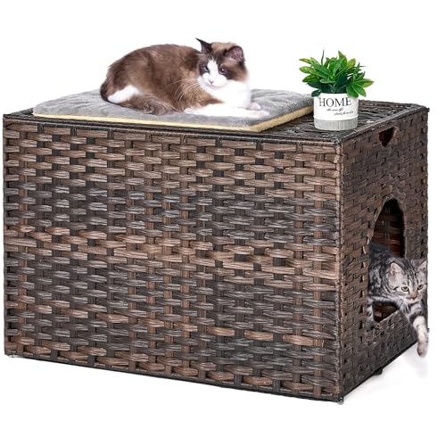 Large Cat Litter Box Enclosure, Hidden Litter Box Furniture with Litter Mat | Side Entry Design, Easy-Clean Removable Top, Quick Assembly, Raised Edge for Secure Items, Side Grip Cutouts - color: Brown, size: 30.3'' L X 18.2'' W X 20.5'' H