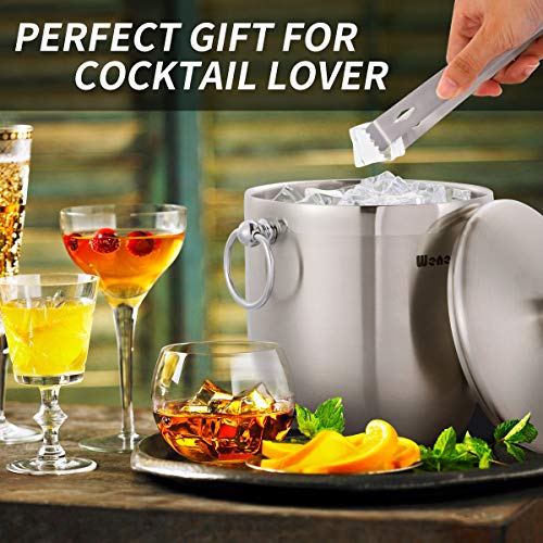 Ice Bucket with Lid, Scoop, Tongs and Strainer - Well Made Insulated Stainless Steel Keep Ice Frozen Longer - Ideal for Cocktail Bar, Parties, Chilling Wine, Champagne - 3 Liter (Stainless Steel) - color: Stainless Steel