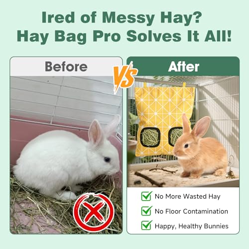 Rabbit Hay Bag 2 Pack - 2 Holes Hanging Bunny Hay Feeder Holder with Metal Hooks, Oxford Cloth Guinea Pig Feeding Bag Storage for Chinchillas Hamsters and Small Animals (Blue Yellow) - color: Blue Yellow