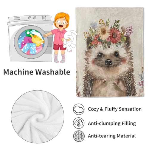 Cute Hedgehog Blanket Cuddly Pastel Throw Blankets,Gifts for Kids Woman Adult,Lightweight Soft Fleece,Animal Floral Crown Design,for Sofa Couch Bed Room Modern Artistic Decor 60x80in - color: Hedgehog, size: 60x80in