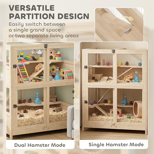 PawHut Wooden Hamster Cage for Syrian Mice Gerbil 33" x 21" x 36" | 4 Tier Small Animal Cage, Mesh Flip Roof, Pull-Out Tray, Huts, Seesaws, Ramps, Water Bottles, Hamster Habitat, for Dwarf