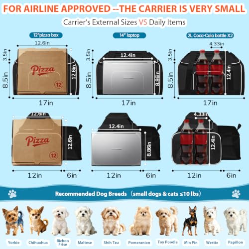 Top and Side Expandable Small Pet Carrier Airline Approved, Black | 17"Lx12"Wx8.5"H, for JetBlue/Frontier/Spirit Airlines, Pets Under 8 Lbs, Lockable Zippers, Soft-Sided, Anti-Scratch Mesh - color: Black, size: 17.0"L x 12.0"W x 8.5"H