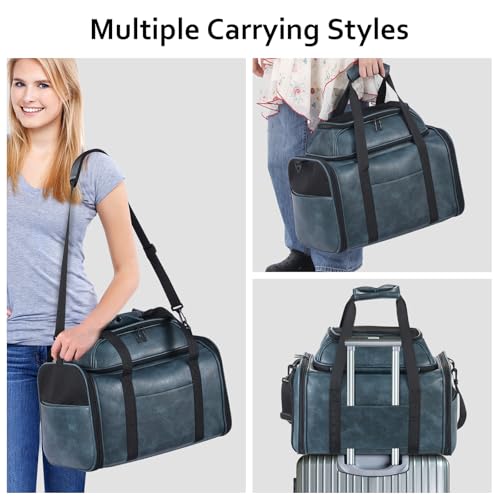 Premium Leather Top Expandable Pet Carrier for Small Dogs & Cats Under 15 lbs, Airline Approved Collapsible Soft-Sided Luxury Travel Bag Blue - color: Blue