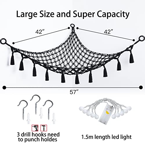Cotton Stuffed Animal Organizer, Handmade Macrame Hanging Net Hammock for Toy Storage, Boho Decor Room Holder, Triangular, Black, Large, 57x42 inches, 10 lbs Capacity - color: Black(42"*42"*57")