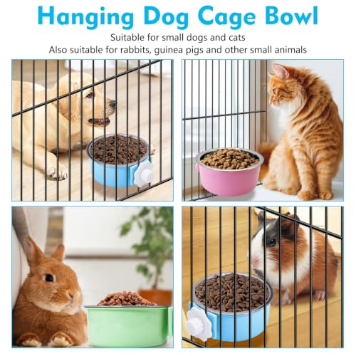 kathson Crate Dog Bowl, Removable Stainless Steel Hanging Pet Cage Bowl Food & Water Feeder Coop Cup for Cat, Puppy, Birds, Rats, Guinea Pigs (6 PCS, Size: M, 2×Blue,2×Green,2×Pink) - color: Size: M (2×Blue, 2×Green, 2×Pink), size: 6 PCS