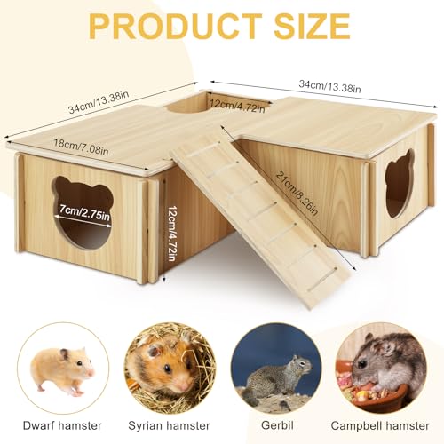 RETON Wooden Hamster House, Hamster Hideout Corner Hamster Accessories, Hamster Hides Platform with Stairs, Hamster Toys Cage Decor for Syrian Hamsters Dwarf Hamster Rat Gerbil