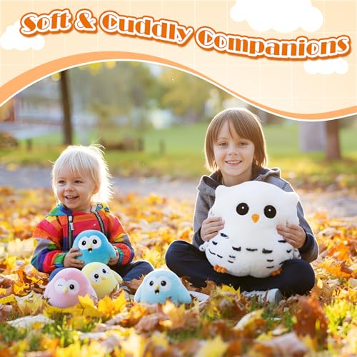 Hollowfly 5 Pcs Snowy Owls Plush Toy Gift Set 9.5" Mommy Owls with 4 Cute Pastel Babies Stuffed Animal in Zippered Butt Nurturing Plushies Toy Set for Kid Adults Birthday Party Favors Gifts - style: Colorful Owls