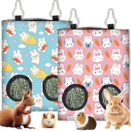 2Pcs 2 Styles Hanging Rabbit Hay Feeder Bag 11.6 x 9.1 Inch Bunny Hay Feeder Pink Blue Cute Cartoon Design Cloth Washable Feeding Holders with 2 Holes for Guinea Pig Chinchillas Hamsters - color: Rabbit