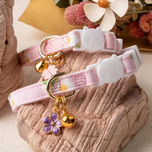 2 Pack Cotton Cat Collar Purple and Pink Flowers Cute Kitten Cat Collar | Breakaway Breathable Soft material With cute pendants with Bell - color: Purple&Pink