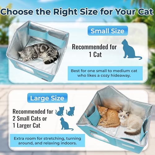 PatiencET Large Cat Cooling House for 2 Small Cats, Indoor Cooling Cat House for Summer, Blue Cat Hideaway Bed with Side Ice Packs, Insulated Foil Lining - size: Large