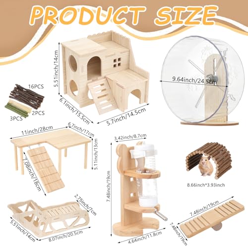 Hamster Toys Complete Set - Noiseless Silent Exercise Wheel, Maze Wood House, Stand, Chew Toys & Water Bottle Cage Accessories for Hamster, Rat, Mice Small Animal Habitat