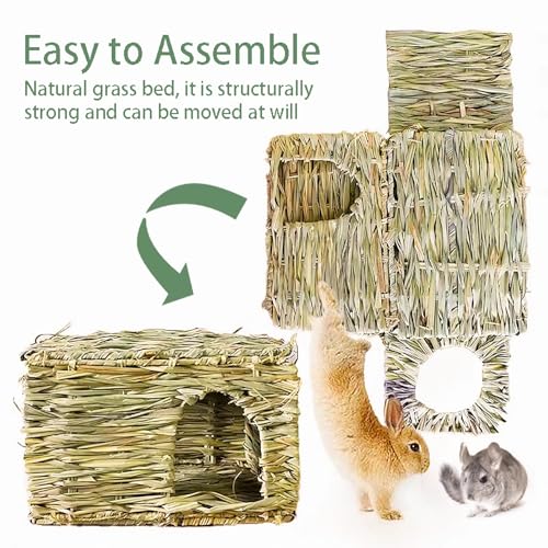 WUWEOT 2 Pack Large Grass Bunny House, Foldable Rabbit Hut, Play Hideaway Bed Hay Mat Chew Toy for Rabbit, Guinea Pigs, Gerbils, Hamster and Small Animals, 11"x8"x8"