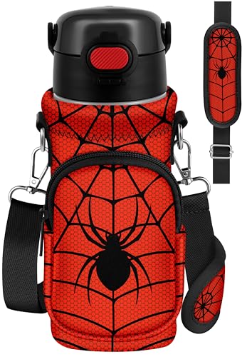 Water Bottle Carrier with Strap for Kids, 14-20 oz | Insulated, Neoprene Water Bottle Holder Bag with Pocket, Cute Cartoon, Bottle Bag for boys and girls, Walking Hiking Camping - color: Black Spider
