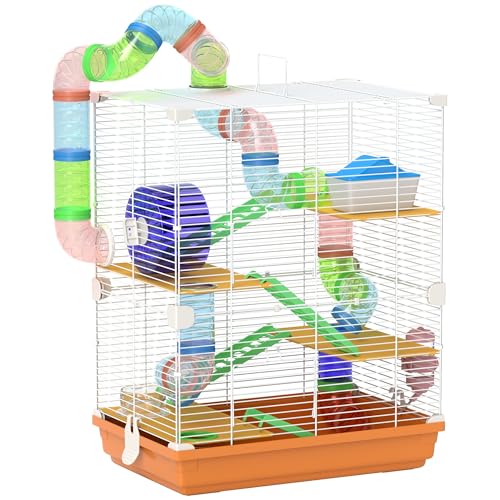 PawHut 18" 5 Tier Hamster Cage with Tubes and Tunnels, Small Animal Cage with Portable Carry Handle, Gerbil Cage with Water Bottle, Food Dish, Exercise Wheel, Orange | Small Animal Cage, Portable Carry Handle, Water Bottle, Food Dish, Exercise Wheel - col