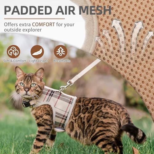 PUPTECK Soft Mesh Cat Vest Harness and Leash Set Puppy Padded Pet Harnesses Escape Proof for Cats Small Dogs Rabbits Bunny, Plaid Beige, M - color: Beige(Plaid), size: M(NECK 7", CHEST 10.5", 4-6 lbs)