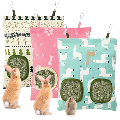 UPINS 3Pack Guinea Pig Hay Feeder Bag,Bunny Rabbit Cage Bag Hanging Holder | Guinea Pig Cage Feeder,for Bunny Rabbits,Chinchillas,Hamsters,Small Pets,and Animals - color: Blue White Pink