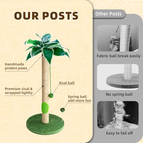 Fantasreen Cat Scratching Post 33'' Tall with Toy, Self Groomer for Indoor Cats - color: Palm Green-33 Inches