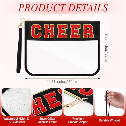 Kacctyen 20 Pcs Black Chenille Letter Cheer Bags Bulk Cheerleader Clear Makeup Bags Snacks Pouch Bulk Preppy Patch Cosmetic Pouch with Wrist Strap Zipper for Travel Team Cheerleaders - color: Black
