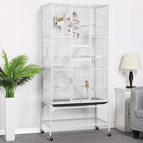 Yaheetech 69'' Extra Large Bird Cage Metal Parrot Cage w/Detachable Stand for Mid-Sized Parrots Cockatiels Conures Parakeets Lovebirds Budgie Finch, White - color: White