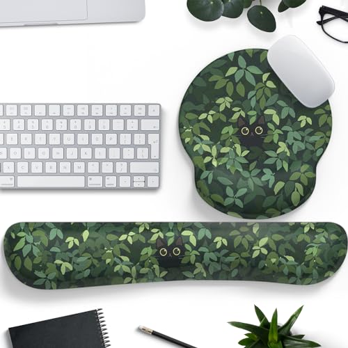 Cute Ergonomic Green Mouse Pad Cat Wrist Support,[ 20% Larger] Wrist Rest Gel Anime Kawaii 3D Green Office Plants Mouse Pads, Keyboards Silicon Wrist Pad,Pain Relief,Game Work Study Home Office. - color: Cute Black Cat in Grass