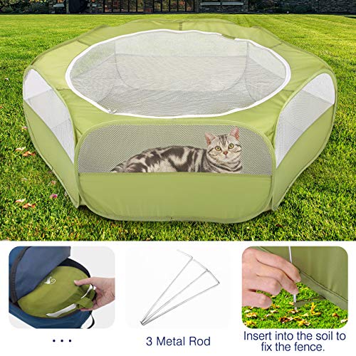 Pawaboo Small Animal Playpen with Zippered Cover,Green | Portable pop-up pet tent for supervised rabbits, guinea pigs, chicks and kittens; water-resistant bottom and 3 metal rods - color: A-Green