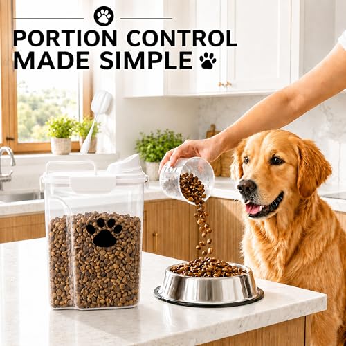 5-7Lbs Dog Storage Container with cleaning brush and Measuring Cup | Airtight Portable Pet Food Containers with Upgraded Large Spout and Cup for Dogs,Cats,Birds,2 Packs（3L+5L） White - color: 6QT+3QT-White