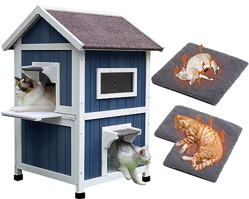 Rockever 2-Layer Outdoor Cat House with Soft Mat, Weatherproof Cat Shelter | Weatherproof blue wooden shelter with escape door, roomy resting spaces and secure protection for feral and outside cats