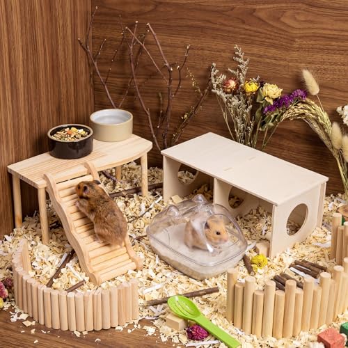 Qunclay 5 Pcs Hamster Wooden Platform Chamber Hideout House Climbing Ladder Bridge Fence Toy with Hamster Bath Container Decor Cage Accessories for Small Animal Dwarf Syrian Mice Degus Gerbils - style: Chic