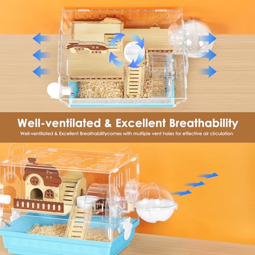 Acrylic Hamster Cage Small Hamster Habitat 360 Viewing Hamster Enclosure with Running Wheel & Hideout for Dwarf, Guinea Pig, Gerbils, Blue, 13.3" L*10.2" W*12.4" H - color: Blue