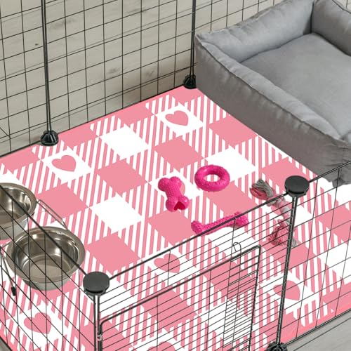 JarThenaAMCS 3 Pcs Checkered Guinea Pig Pee Pads 24 x 47 in Pink White Heart Reusable Bunny Squirrel Mat Washable Small Animal Cage Liner for Valentine's Day Rabbit Hamster Chinchilla Ferret Rat