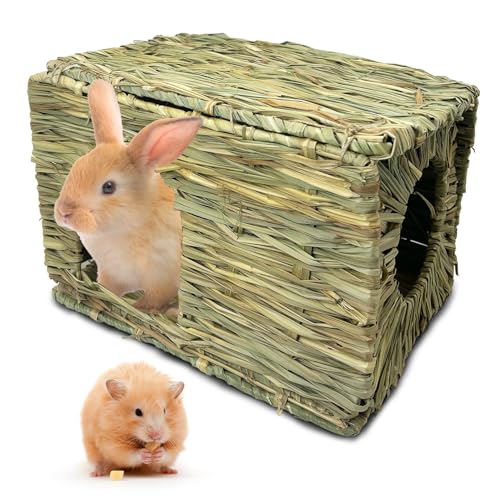 Hamiledyi Large Rabbit Grass House Hand Woven Natural Bunny Hut Foldable Play Bed Safe Cozy Hideaway Hay Mat Chew Toys for Hamster Guinea Pig Chinchilla Gerbil Ferret - size: 1 Pack (14.57"L x 11.42"W x 10.24"H)