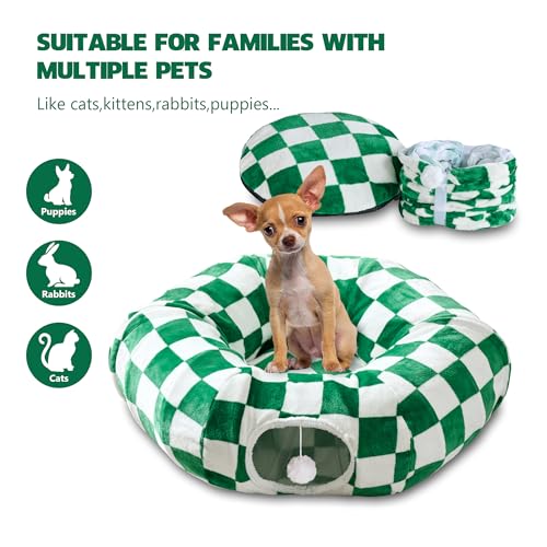 Cute Round Cat Tunnel for Indoor Cats, Green/White | Peekaboo Cat Cave with Dangling Balls, Checkered Pet Donut Tunnel Bed with Circle Mat for Puppy Kitten Rabbit - color: Green/White, size: Round
