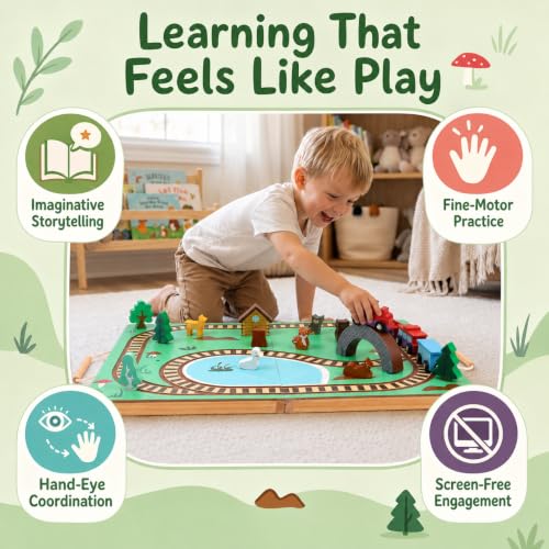 Imagine & Play Nature Explorer – 17 Piece Wooden Train Set with Foldable Carrying Board, Forest Animals & Bridge – Toddler Toys, Train Toys, Toys for Kids Boys & Girls 3+, Gifts for 3 Year Old Boys