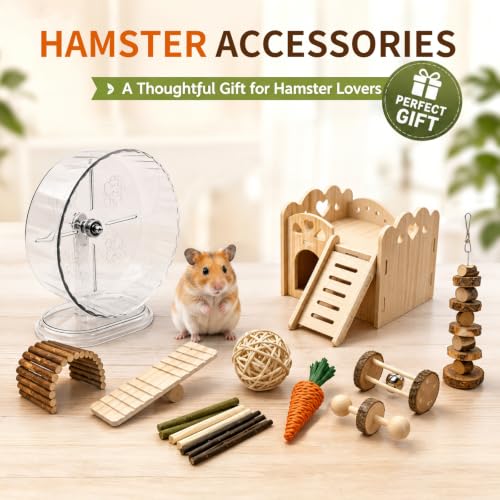 Hamster Cage Accessories Set with Silent Exercise Running Wheels and Natural Chew Toys, Wooden Hamster Toys and Habitat Decor for Syrian Hamsters, Gerbils, and Mice