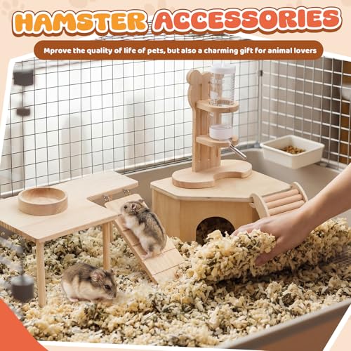 5 Pcs Hamster Cage Accessories, Wood Hamster Play Wooden Platform Water Bottle with Stand Climbing Set for Rat Mice Small Animals Pets Habitats Woodland Decor(Stair Landing) - style: Stair Landing