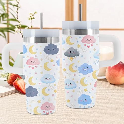 Cloud 14 oz Tumbler, with Handle Straw, Stainless Steel Travel Cup | 14 oz Insulated Water Bottle, Travel Vacuum Coffee Mug, Thanksgiving Christmas Birthday Gift for Daughter, Sky Lover Gifts - color: Cloud-White