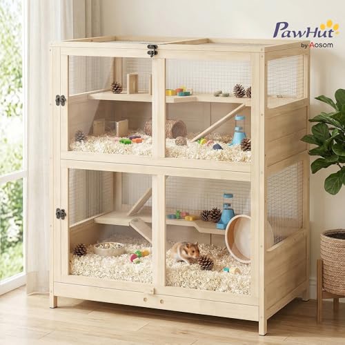 PawHut Wooden Hamster Cage for Syrian Mice Gerbil 33" x 21" x 36" | 4 Tier Small Animal Cage, Mesh Flip Roof, Pull-Out Tray, Huts, Seesaws, Ramps, Water Bottles, Hamster Habitat, for Dwarf