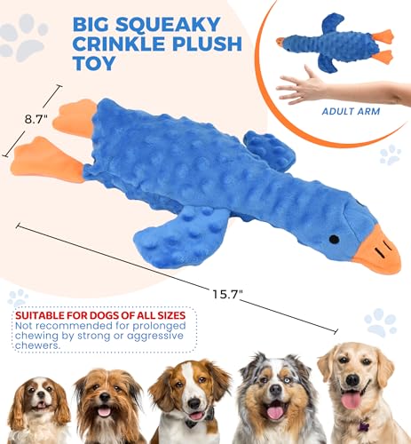 Squeaky Plush Dog Toy for All Breeds, Multifunctional Goose Dog Toy with Honking Sound, Crinkle Paper, Treat Pocket, Durable Soft Stuffed Animal for Chewing, Cuddling, Interactive Play (Blue) - color: Blue