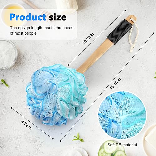 FORENEE Blue, Green and White Loofah on a Stick, PE Mesh Back Scrubber | Soft PE mesh for rich lather and gentle cleansing; water-resistant coated wood handle, non-slip rubber grip and hanging loop - style: Blue Green White