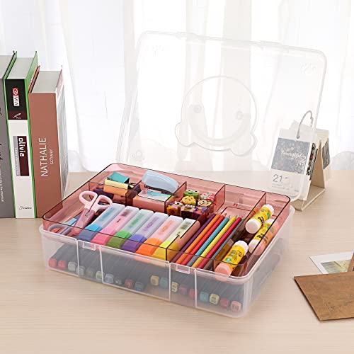 BTSKY 2-Tier Cute Bear Storage Box with Removable Divided Tray Portable Clear Plastic Art Craft Supply Organizer Stackable Home Office Supplies Storage Container for Pens Notes A4 papers etc (Pink) - color: Pink