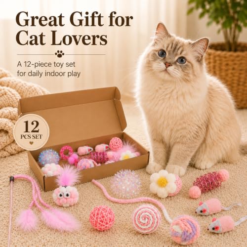 12-Pcs Interactive Cat Toys, Feather Wand, Springs & Catnip Balls | Curated variety pack, diverse mice, crinkle textures, healthy teething chew relief, indoor kitten boredom enrichment