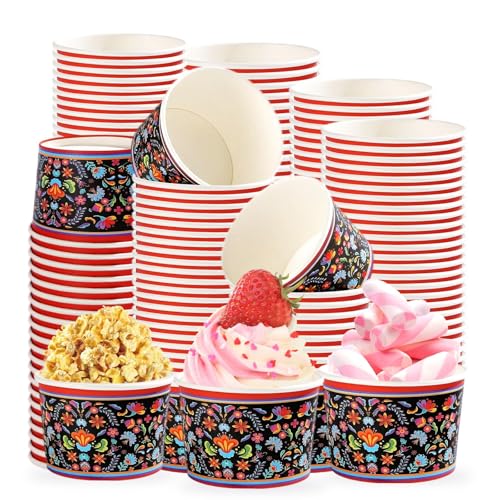 120Pcs 12oz Mexican Ice Cream Cups for Hot or Cold Food | Mexican Floral Treat Snack Cups Fiesta Cinco De Mayo Large Dessert Bowl for Food Yogurt Soup Sundae Mexico Birthday Supplies - style: Mexico Black Cups