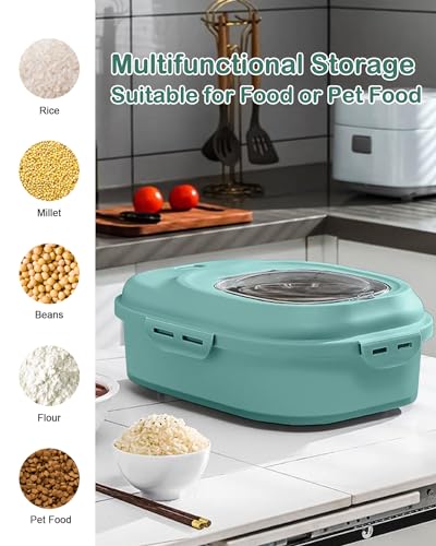 20-50 Lbs Food Storage Containers,Collapsible Rice Container with Wheel Airtight Locking Lid,Flour Storage Container with Small Food Jar and Scoop,Suitable for Food,Rice,Pet Food,Flour - color: Green/20-50LBS