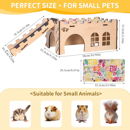 2-Story Guinea Pig Hideout Castle, Easy Assemble Thick Wood with Ramp | Large 2-Story Castle | 7mm Thick Pine Wood (40% Thicker) | Full Round Corner | Freely Mountable Ramp, Modular & Washable Pad