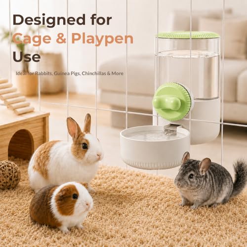 34 oz Hanging Water Dispenser for Small Animals, Guinea Pigs & Rabbits | Secure Mount | Adjustable Height | One-Way Flow | Outside Refill | Easy Cleaning - color: Light Green