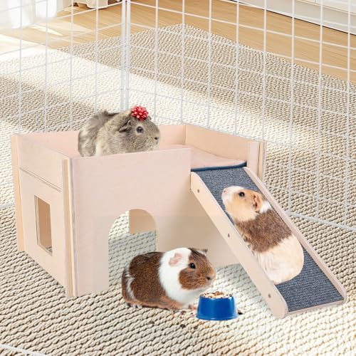 PAWCHIE Wooden Guinea Pig Hideout with Pee Pad Set, Detachable Small Animal House Bed Hut Habitats with Stairs and Windows, Bunny Hideout Castle for Indoor Hamsters Chinchilla Gerbil Playing Hiding - color: Rectangular Hut with Pee Pad and Stairs