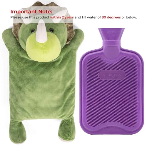 HomeTop Premium Classic Rubber Hot Water Bottle with Triceratops Cover | Natural rubber hot water bottle,Long-lasting heat retention,Snuggly all-night warmth - color: Purple/Triceratops